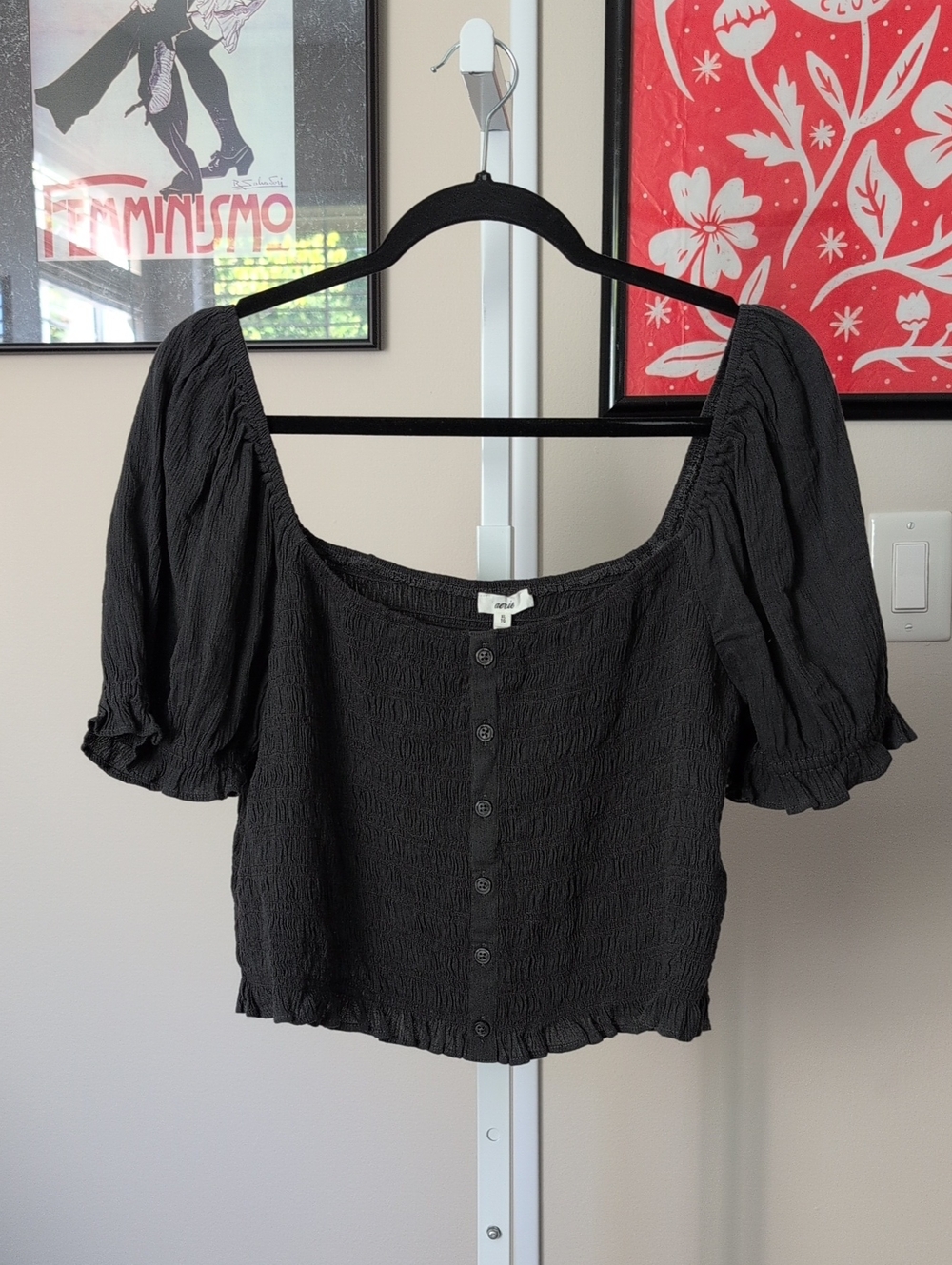 Aerie Stretchy Dark-Gray Crop Top With Puffy Sleeves